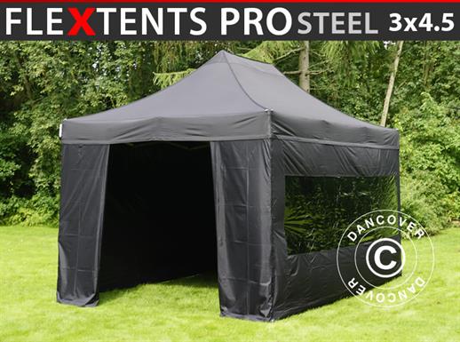 Brzo sklopivi paviljon FleXtents PRO Steel 3x4,5m, Crna, uključ. 4 bočne stranice
