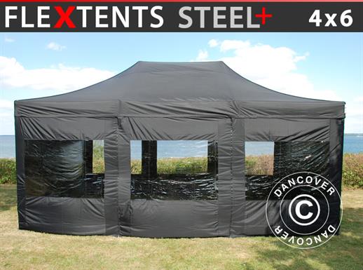 Pop up gazebo FleXtents Steel+ 4x6 m Black, incl. 8 sidewalls