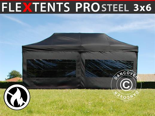 Pop up gazebo FleXtents PRO Steel 3x6 m Black, Flame retardant, incl. 6 sidewalls