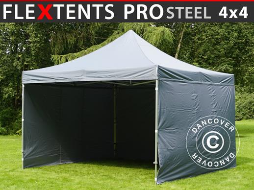 Vouwtent/Easy up tent FleXtents PRO Steel 4x4m Grijs, inkl. 4 Zijwanden