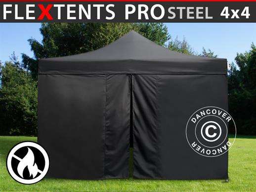 Pop up gazebo FleXtents PRO Steel 4x4 m Black, Flame retardant, incl. 4 sidewalls
