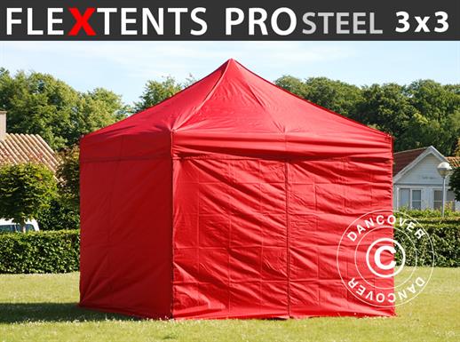 Faltzelt FleXtents PRO Steel 3x3m Rot, mit 4 Seitenwänden