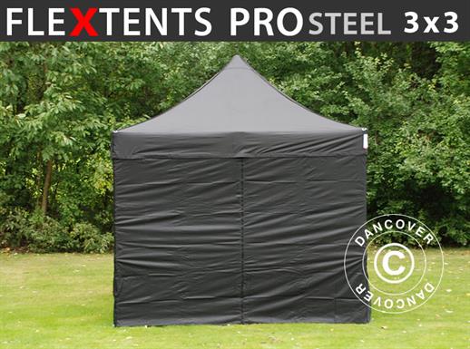 Tente pliante FleXtents PRO Steel 3x3m Noir, avec 4 cotés
