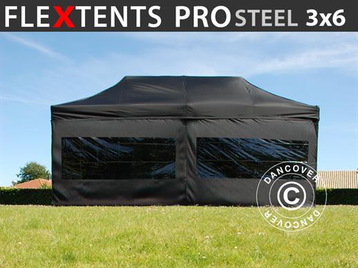 Faltzelt FleXtents PRO Steel 3x6m Schwarz, mit 6 Seitenwänden