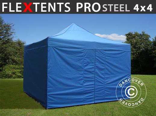 Vouwtent/Easy up tent FleXtents PRO Steel 4x4m Blauw, inkl. 4 Zijwanden