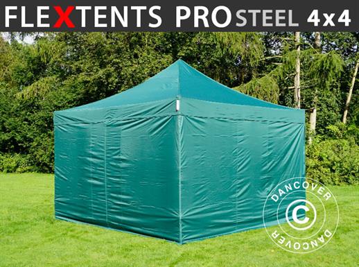 Vouwtent/Easy up tent FleXtents PRO Steel 4x4m Groen, inkl. 4 Zijwanden