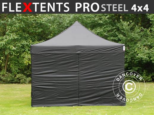 Vouwtent/Easy up tent FleXtents PRO Steel 4x4m Zwart, inkl. 4 Zijwanden