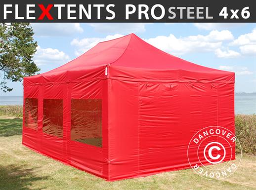 Faltzelt FleXtents PRO Steel 4x6m Rot, mit 8 Seitenwänden