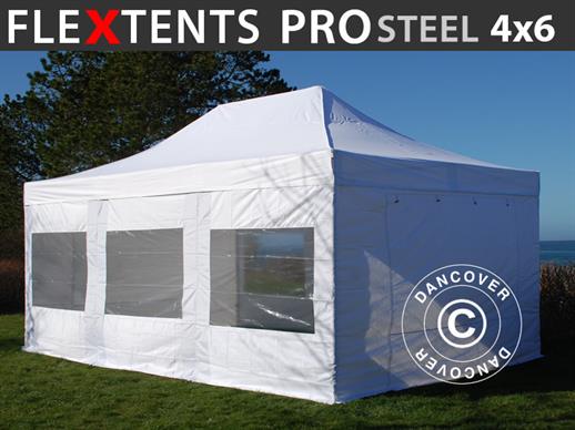 Quick-up telt FleXtents PRO Steel 4x6m Hvit, inkl. 8 sider