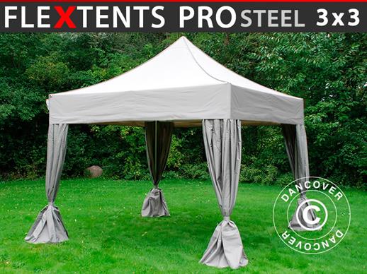 Vouwtent/Easy up tent FleXtents PRO Steel 3x3m Latte, incl. 4 decoratieve gordijnen