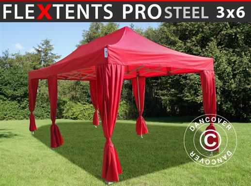 Tente pliante FleXtents PRO Steel 3x6m Rouge, incl. 6 rideaux decoratifs