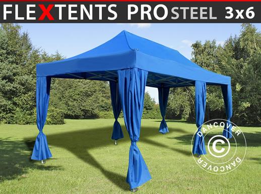 Tente pliante FleXtents PRO Steel 3x6m Bleu, incl. 6 rideaux decoratifs