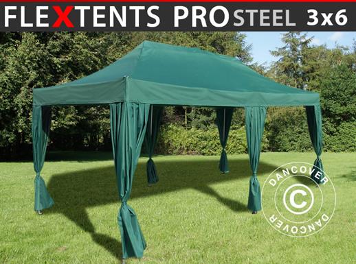 Gazebo pieghevole FleXtents PRO Steel 3x6m Verde, incl. 6 tendaggi decorativi