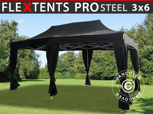 Pop up gazebo FleXtents PRO Steel 3x6 m Black, incl. 6 decorative curtains
