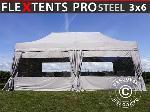 Tente Pliante FleXtents PRO Steel 3x6m Latte, avec 6 cotés & rideaux décoratifs