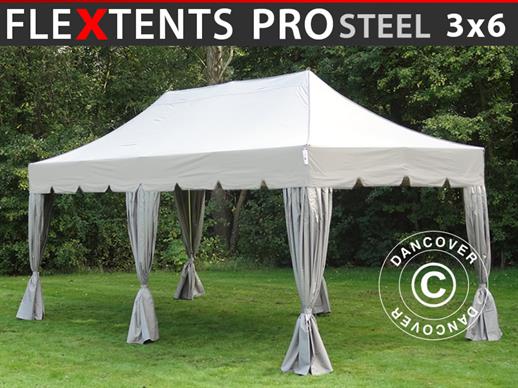 Carpa plegable FleXtents PRO Steel "Peaked" 3x6m Latte, incl. 6 cortinas decorativas