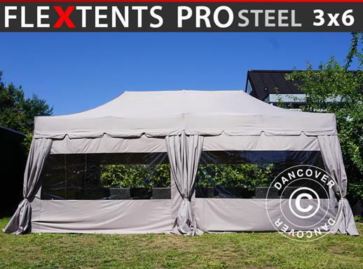 Pop up gazebo FleXtents PRO Steel "Peaked" 3x6 m Latte, incl. 6 sidewalls and 6 decorative curtains