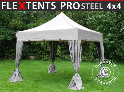 Pop up gazebo FleXtents PRO Steel "Peaked" 4x4 m Latte, incl. 4 decorative curtains