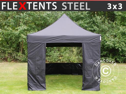 Tente pliante FleXtents Steel 3x3m Noir, avec 4 cotés