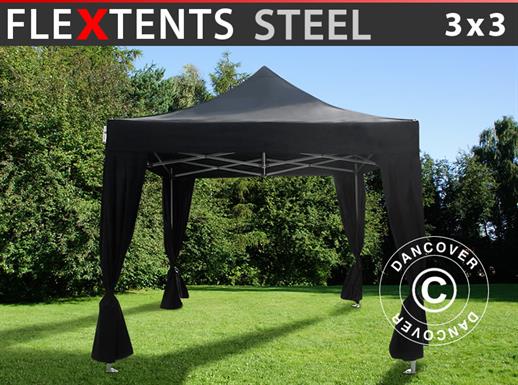 Tente pliante FleXtents Steel 3x3m Noir, incl. 4 rideaux decoratifs