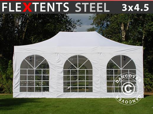 Brzo sklopivi paviljon FleXtents Steel 3x4,5m, Bijela, uključ. 4 bočne stranice