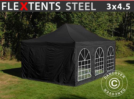 Brzo sklopivi paviljon FleXtents Steel 3x4,5m, Crna, uključ. 4 bočne stranice