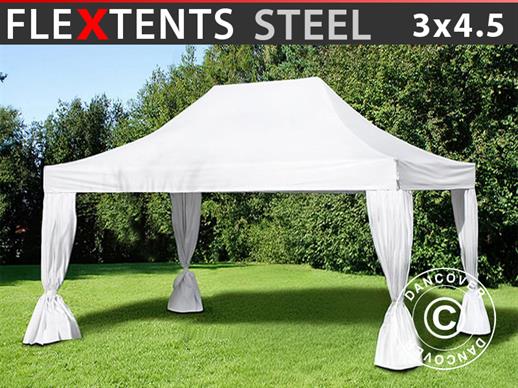 Tente pliante FleXtents Steel 3x4,5m, Blanc, incl. 4 rideaux decoratifs