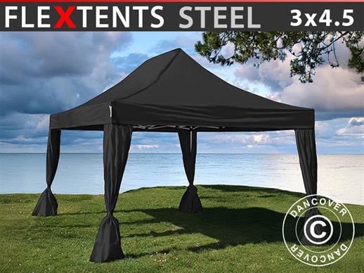 Brzo sklopivi paviljon FleXtents Steel 3x4,5m, Crna, uključ. s 4 lijepim ukrasnim zavjesama