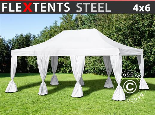 Gazebo pieghevole FleXtents Steel 4x6m Bianco, incl. 8 tendaggi decorativi