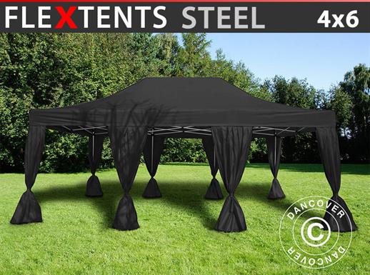 Faltzelt FleXtents Steel 4x6m Schwarz, mit 8 Gardinen
