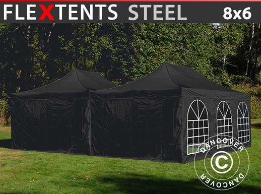 Quick-up telt FleXtents Steel 8x6m Svart, inkl. 8 Sidevegger