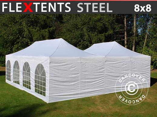 Tente pliante FleXtents Steel 8x8m Blanc, 8 parois latérales inclus