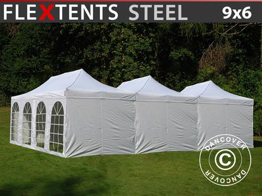 Tente pliante FleXtents® Steel 9x6m Blanc, incl. 8 parois latérales