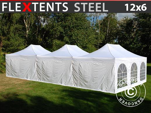 Tente pliante FleXtents® Steel 12x6m Blanc, incl. 8 parois latérales