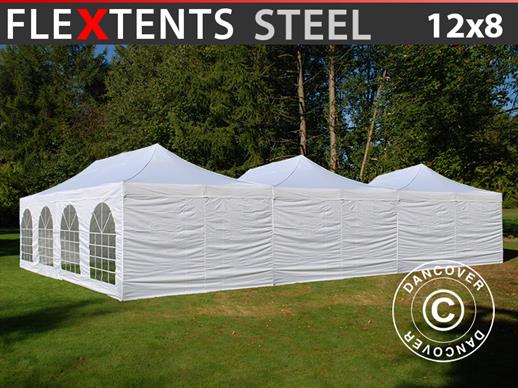 Tente pliante FleXtents® Steel 12x8m Blanc, incl. 8 parois latérales