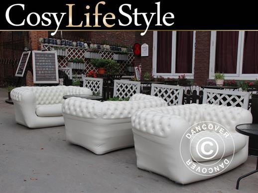 Ilmalla täytettävä sohva, Chesterfield-tyyli, 2-istuttava, Luonnonvalkoinen