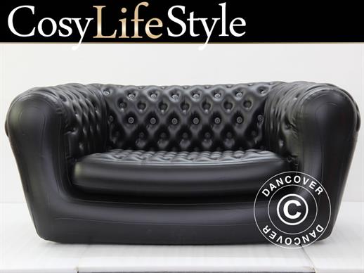 Ilmalla täytettävä sohva, Chesterfield-tyyli, 2-istuttava, Musta