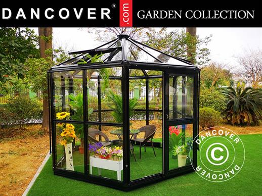 Kiosque de jardin Hexagonale Verre ZEN 7,99m², 3,2x2,83x2,75m, avec base, Noir