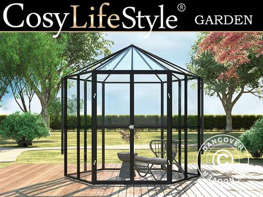 Invernadero orangerie con vidrio hexagonal 3,74m², 2,08x2,4x2,32m con base, Negro