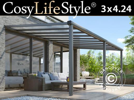 Patio Cover Compact w/Polycarbonate Roof, 3x4.24 m, Anthracite