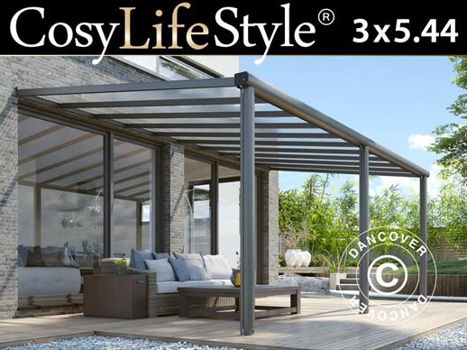 Pergola Addossata Compact con Tetto in Policarbonato, 3x5,44m, Antracite