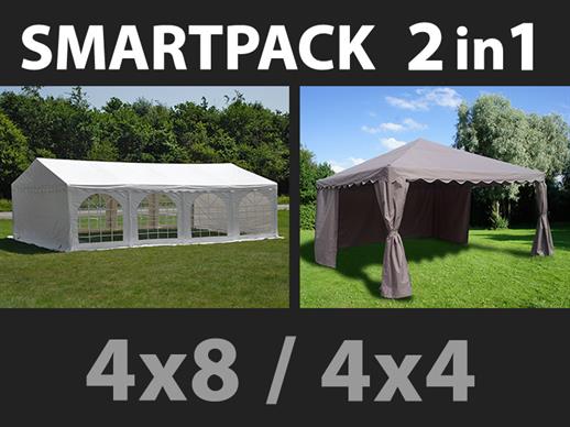 SmartPack 2-in-1-Lösung: Partyzelt Original 4x8m, weiß/Pavillon 4x4m, Sandfarbe