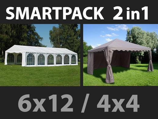 SmartPack 2-in-1-Lösung: Partyzelt Exclusive 6x12m, weiß/Pavillon 4x4m, Sandfarbe