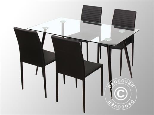 Dining set w/1 dining table Bologna, Clear/Black + 4 dining chairs Firenze, Black/Black