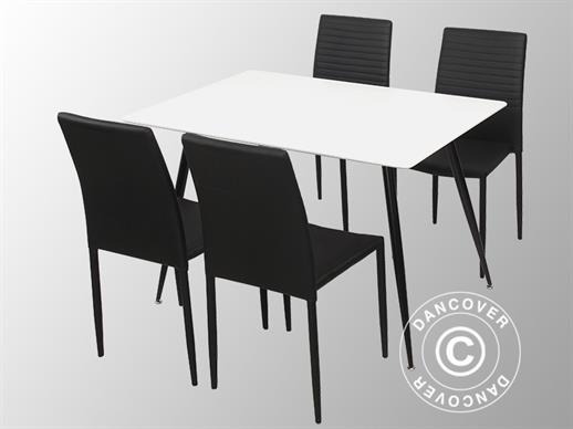 Spisegruppe m/1 Siena spisebord, hvit / svart + 4 Firenze spisestoler, svart/svart
