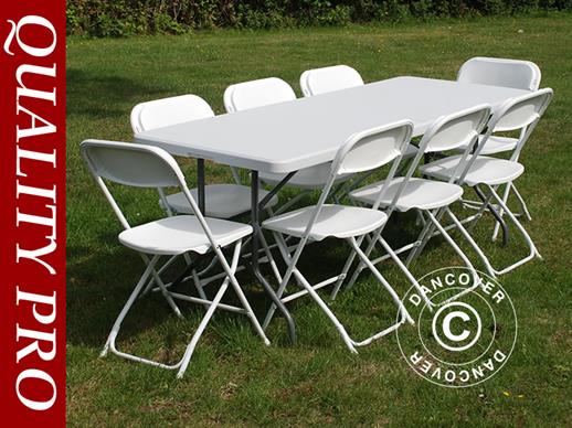 Conjunto para fiesta, 1 mesa plegable PRO (182cm) + 8 sillas, Gris claro/Blanco