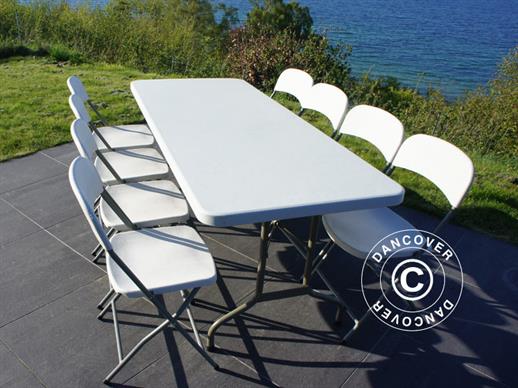 Juhlapaketti, 1 kokoontaitettava pöytä (244 cm) + 8 tuolit, Vaalean harmaa/Valkoinen