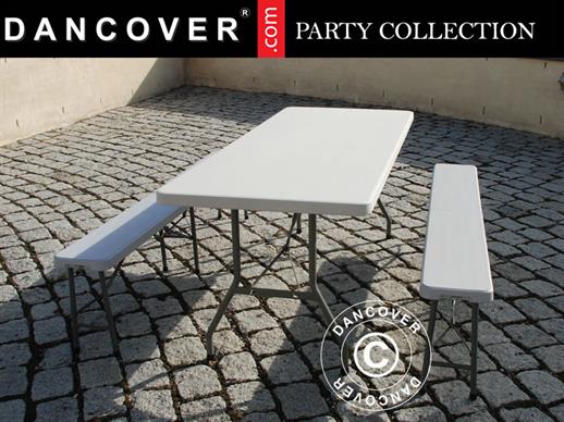 Conjunto de festa, 1 mesa dobrável (180cm) + 2 bancos desdobráveis (183cm), Luz cinza