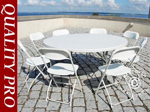 Mesa redonda dobrável PRO, Ø152cm + 8 cadeiras desdobráveis, Luz cinza/Branco