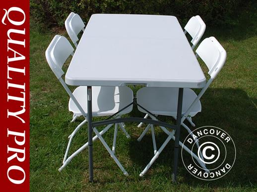 Party package, 1 folding table (150 cm) + 4 chairs, Light grey/White